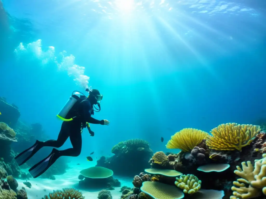 Grupo de buceadores explorando un arrecife de coral vibrante con neoprenos inteligentes para buceo adaptabilidad térmica