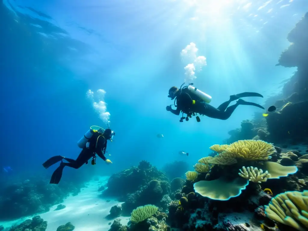 Un grupo de buceadores explora un arrecife de coral vibrante, incluido un buceador con discapacidad utilizando equipo adaptado