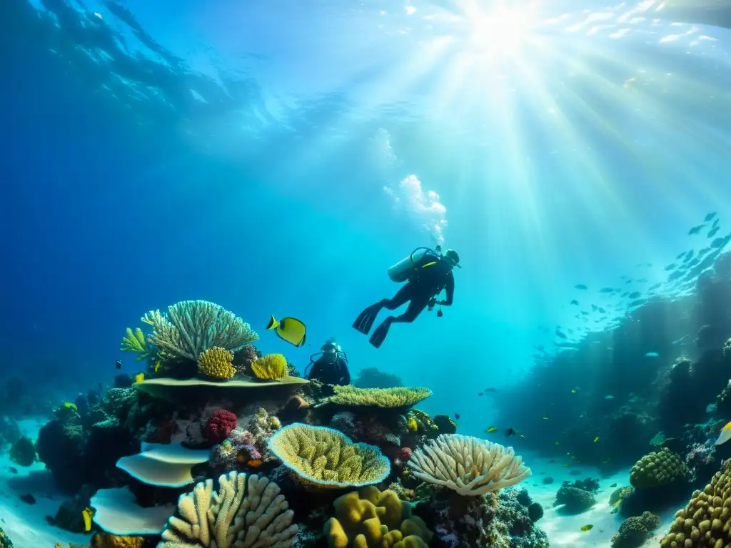 Un grupo de buceadores explora un arrecife de coral vibrante bajo el agua, iluminado por la luz del sol