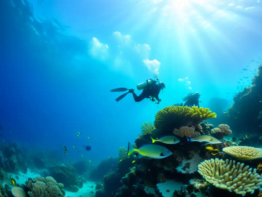 Un grupo de buceadores explorando un arrecife de coral vibrante con dispositivos para mejorar seguridad buceo