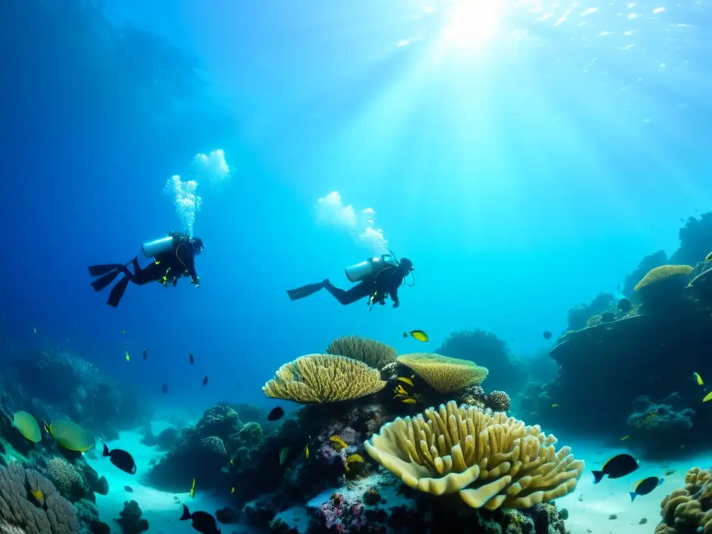 Grupo de buceadores explorando un arrecife de coral vibrante bajo el agua, con dispositivos para mejorar seguridad buceo