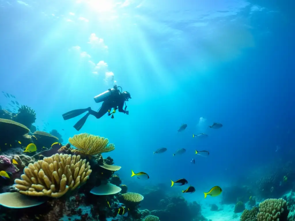 Un grupo de buceadores explora un arrecife de coral vibrante, con peces coloridos nadando entre el coral