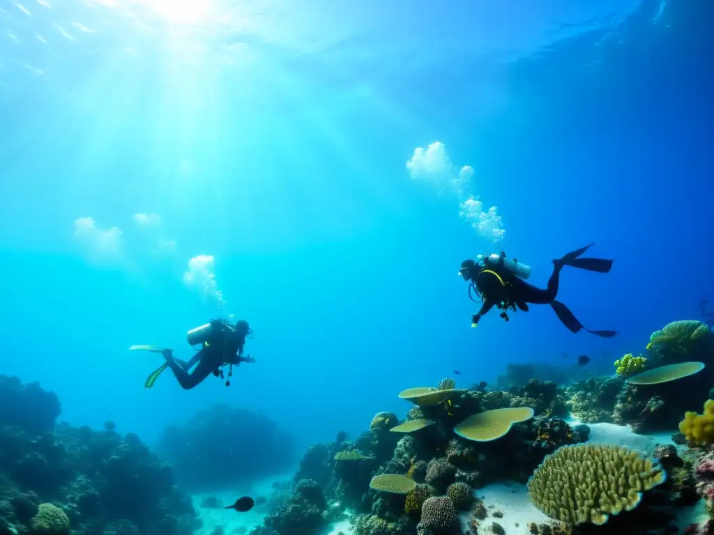 Grupo de buceadores explorando un arrecife de coral vibrante con compresores de buceo portátiles y vida marina diversa bajo el agua azul clara