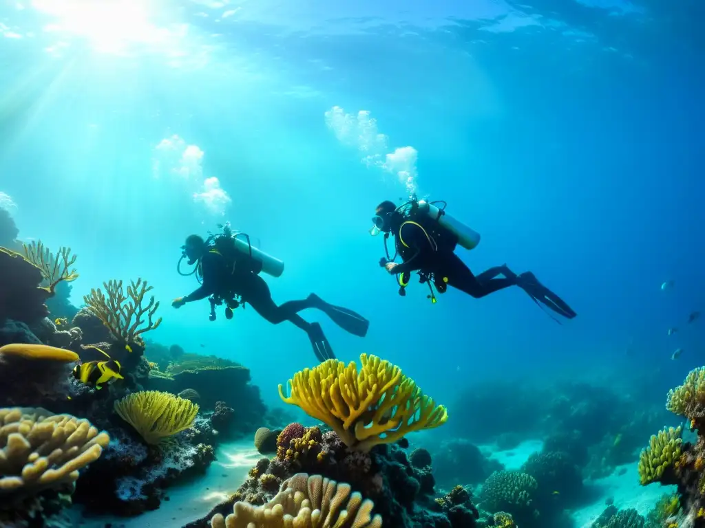 Un grupo de buceadores explora grácilmente arrecifes de coral bajo el agua oceánica, rodeados de vida marina colorida