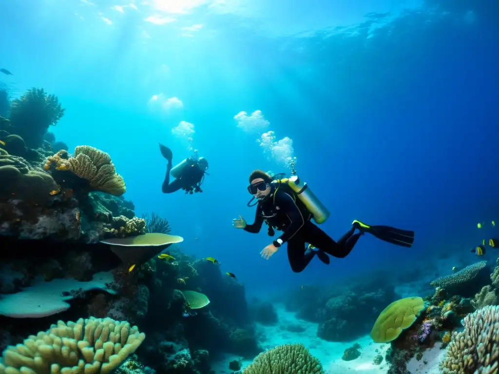 Exploración submarina en arrecifes de coral Grupo de buceadores explorando arrecifes de coral bajo el agua, siguiendo protocolos de seguridad buceo altura en un paisaje submarino impresionante