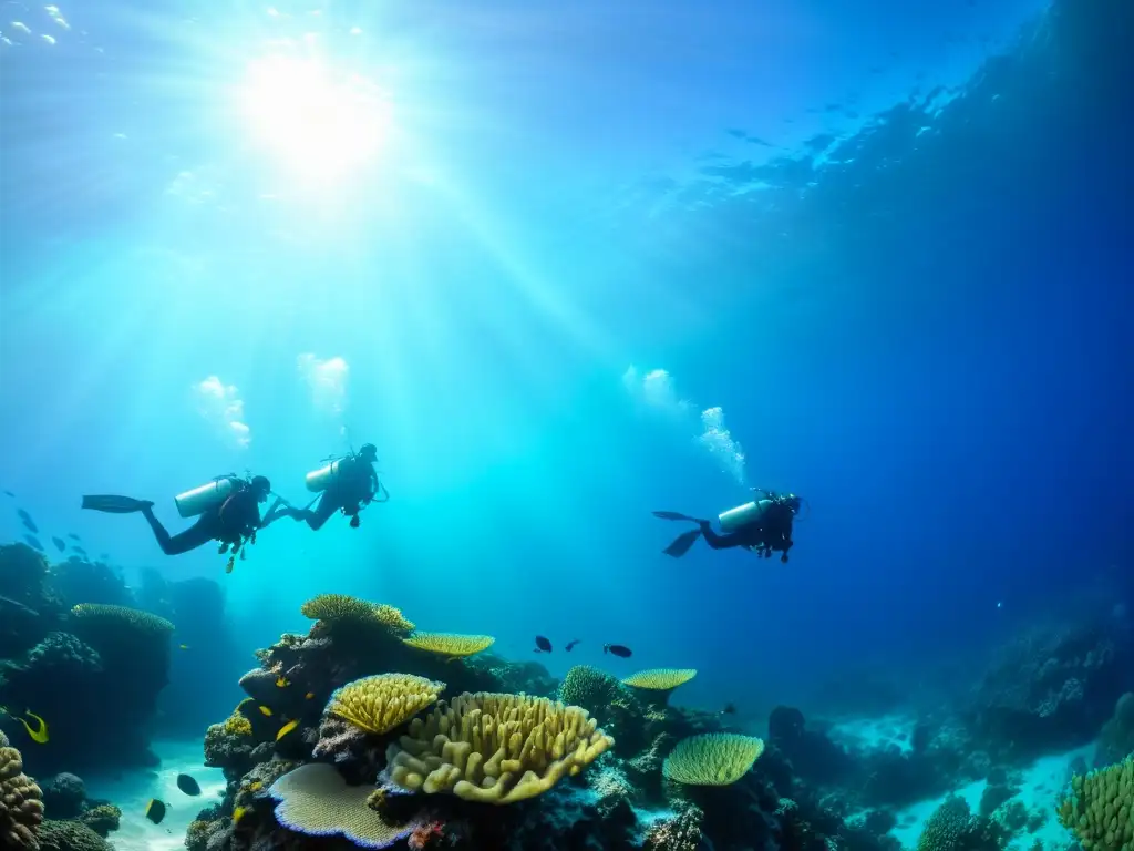 Grupo de buceadores explorando arrecifes de coral, rodeados de vida marina colorida