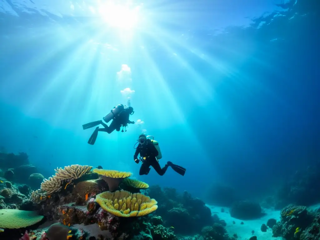 Grupo de buceadores explorando arrecifes de coral bajo el mar con avanzada medicina hiperbárica