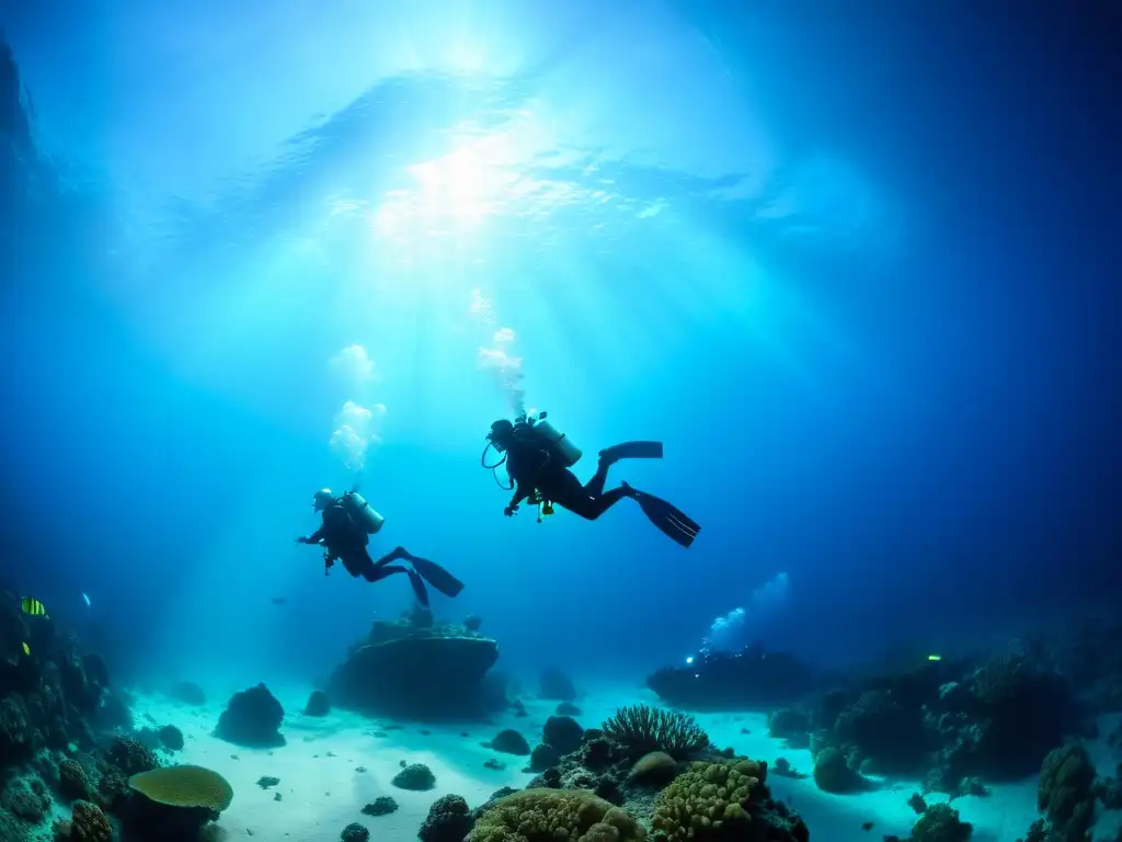 Un grupo de buceadores aventureros explora el paisaje submarino de las fosas Marianas