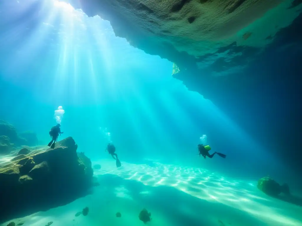 Grupo de buceadores explorando una caverna submarina iluminada por la luz del sol, creando un ambiente impresionante y cautivador