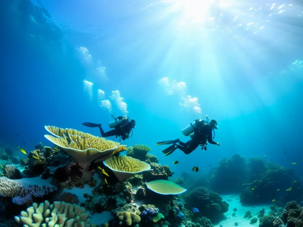 Un grupo de buceadores certificados explora un arrecife de coral vibrante, mostrando la belleza del buceo en corrientes marinas