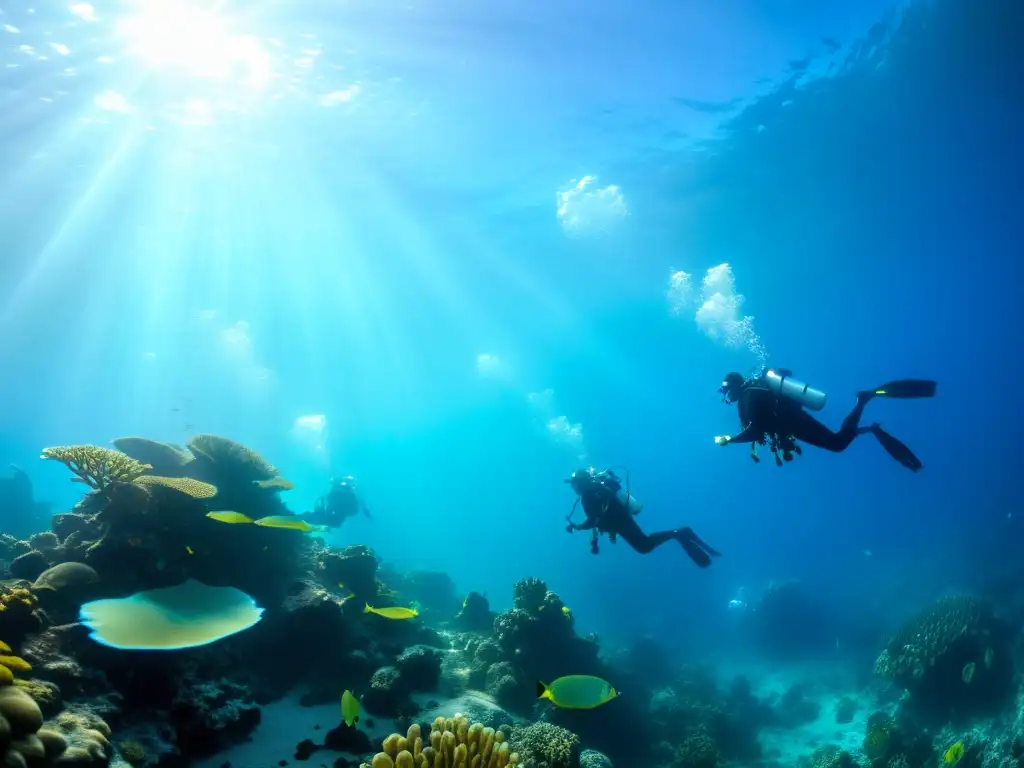 Un grupo de buceadores con consideraciones médicas explora un arrecife de coral, mostrando la accesibilidad del buceo adaptado