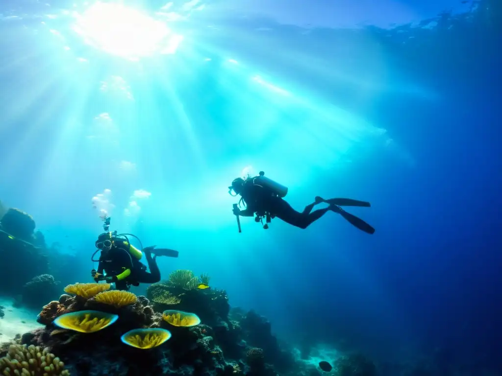 Grupo de buceadores asciende entre corales y peces tropicales con compresores de buceo portátiles, en una emocionante expedición submarina