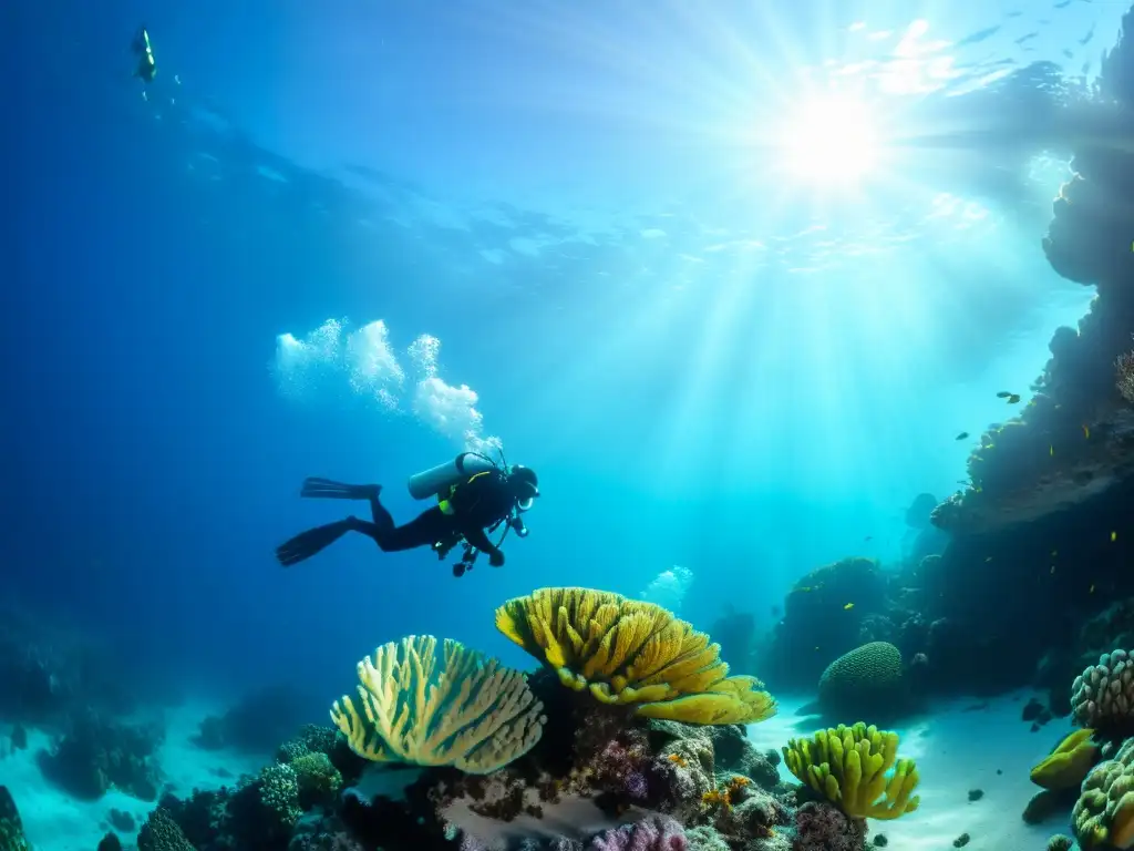 Un grupo de buceadores asciende con cuidado desde un arrecife de coral vibrante, siguiendo consejos para prevenir mal descompresión