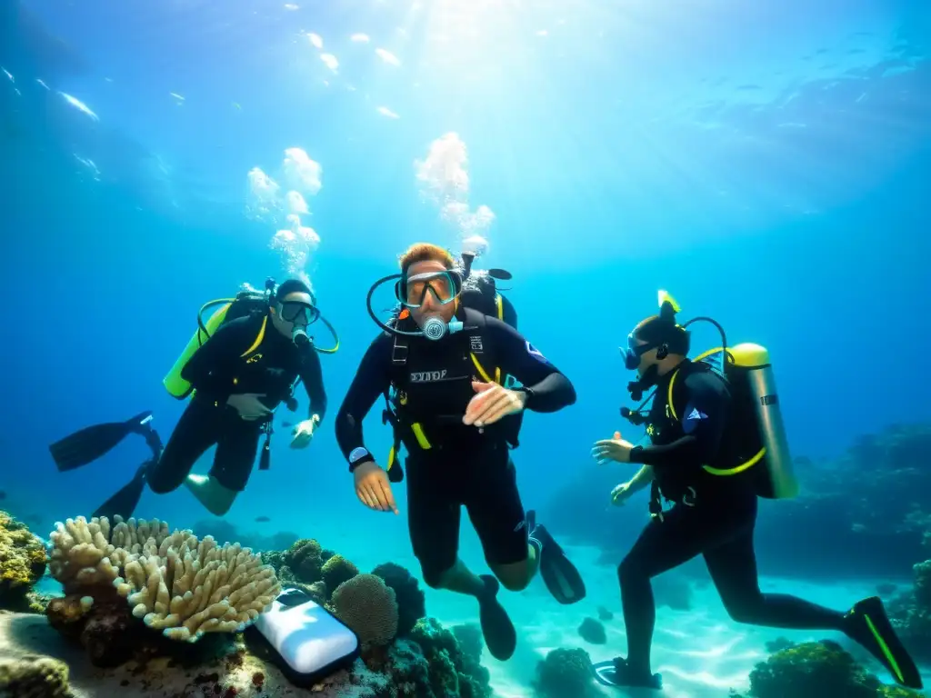 Grupo de buceadores en curso de primeros auxilios, practicando bajo el agua con instructor