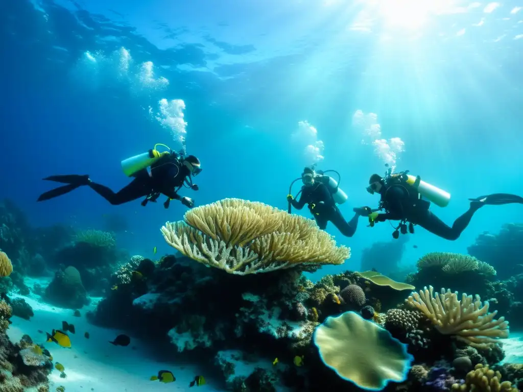 Un grupo de buceadores dedicados limpia y restaura un arrecife de coral, rodeados de vida marina