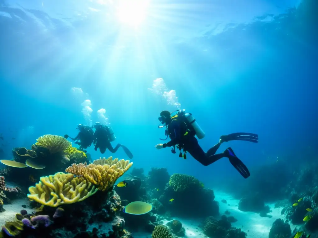 Grupo de buceadores con discapacidad explorando un arrecife de coral colorido