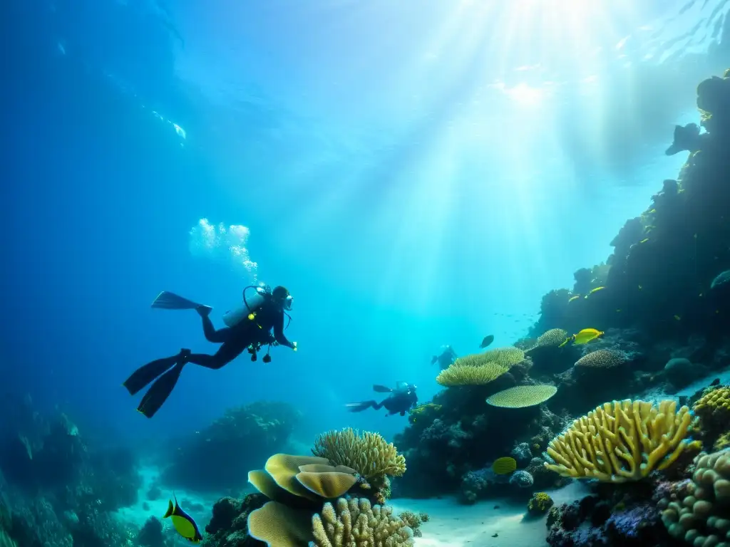 Un grupo de buceadores con discapacidades explorando un arrecife de coral, rodeados de vida marina colorida