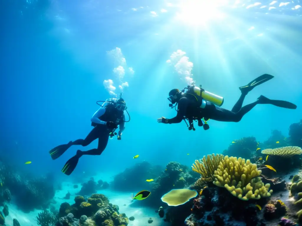 Un grupo de buceadores con discapacidades explora un vibrante arrecife de coral con equipo de buceo adaptado, irradiando empoderamiento e inclusividad