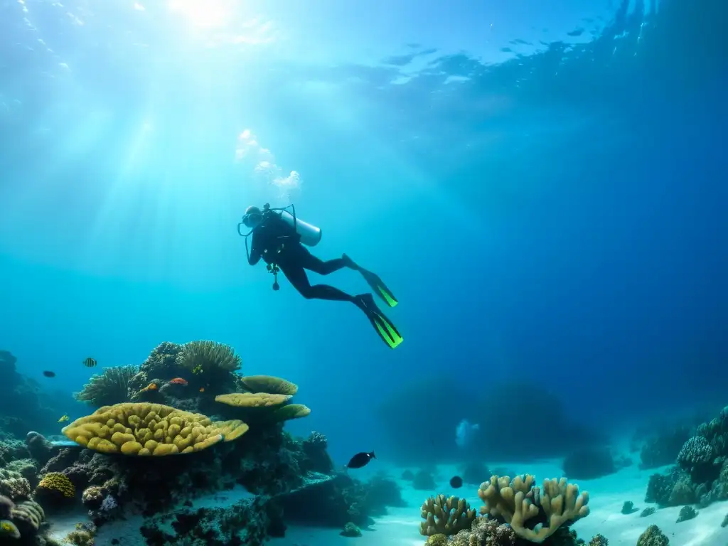 Un grupo de buceadores realizando ejercicios para aumentar resistencia buceo en un océano cristalino con arrecifes de coral vibrantes y vida marina