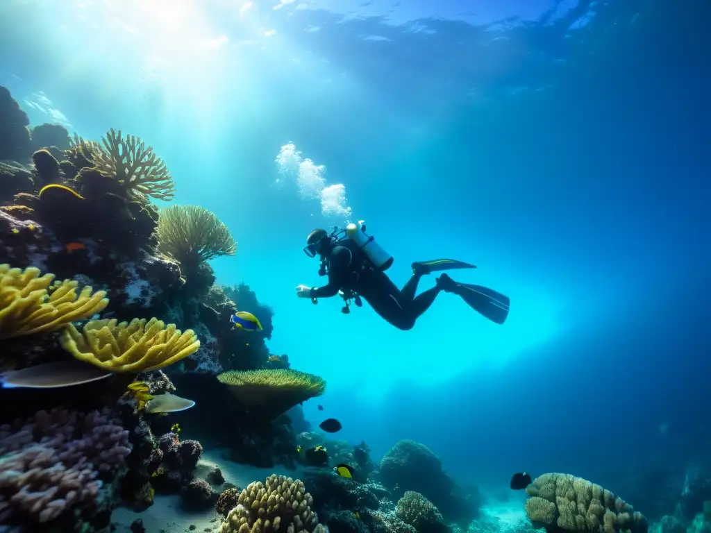 Un grupo de buceadores de élite con equipo de alta tecnología, explorando arrecifes de coral y vida marina