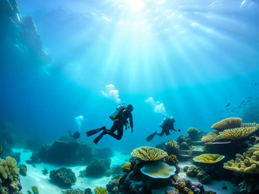 Un grupo de buceadores de élite explora el fascinante paisaje submarino rodeado de vida marina y coral vibrante