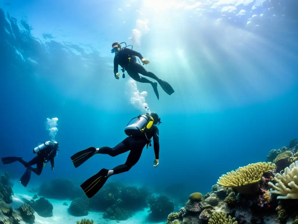 Un grupo de buceadores de élite en trajes de neopreno negro desciende con concentración en un vibrante arrecife de coral