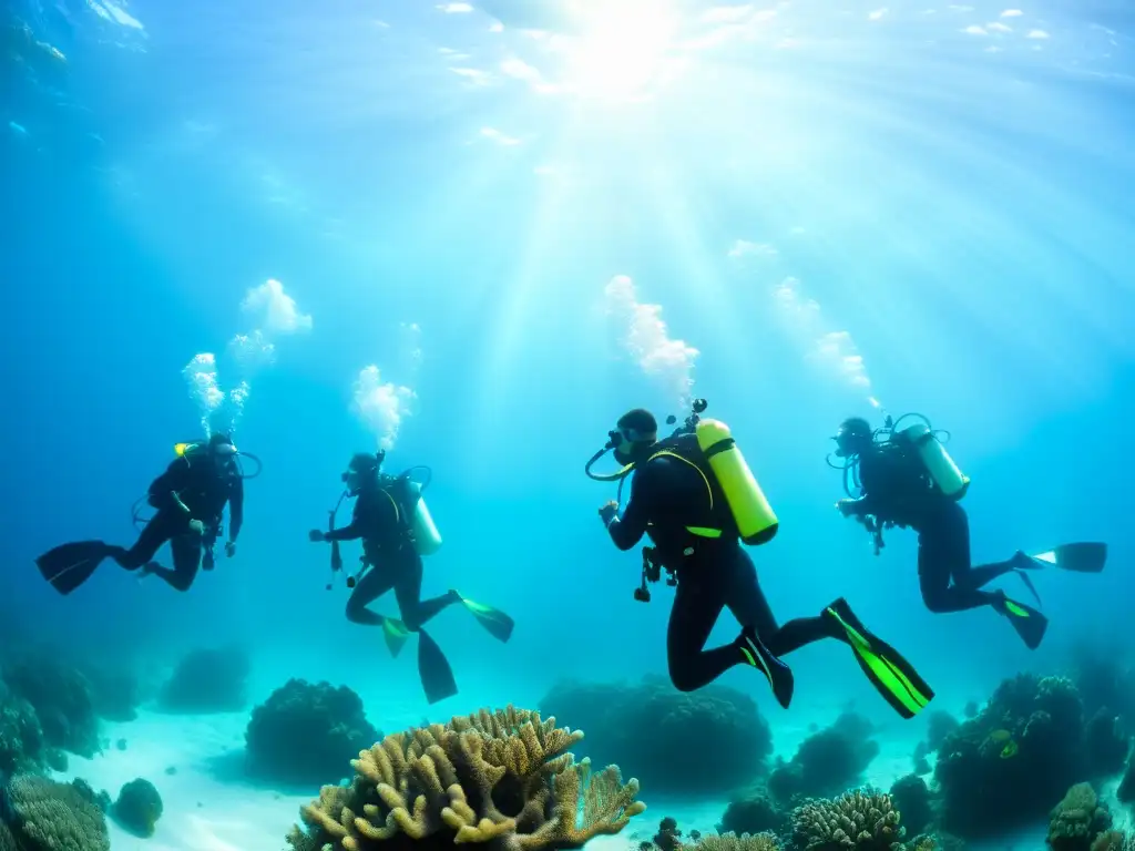 Grupo de buceadores con enfermedades cardíacas disfrutan de un buceo seguro en aguas cristalinas, mostrando determinación y alegría