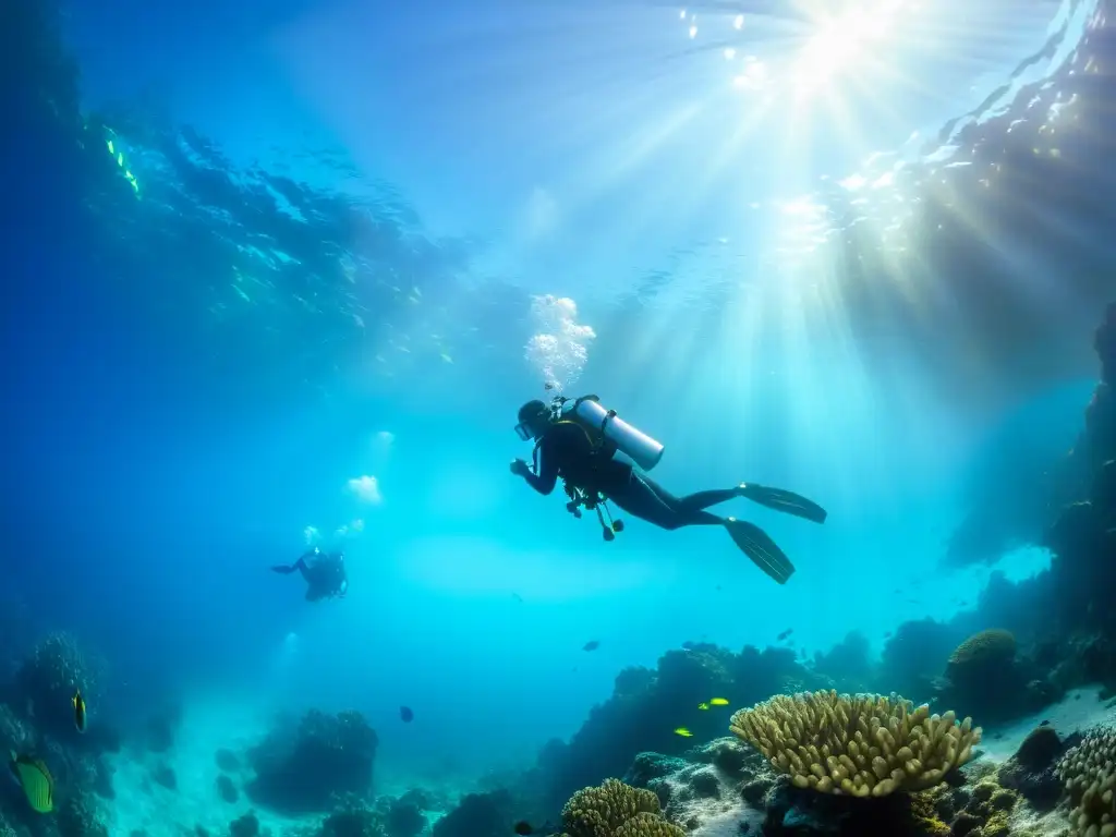 Un grupo de buceadores explora un entorno marino extremo, rodeado de coloridos arrecifes de coral y peces