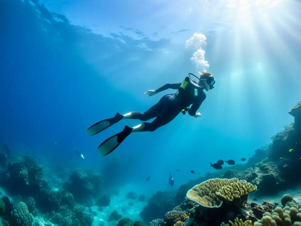 Un grupo de buceadores en entrenamiento en apnea explora un colorido arrecife de coral, sumergiéndose con gracia en el cristalino océano