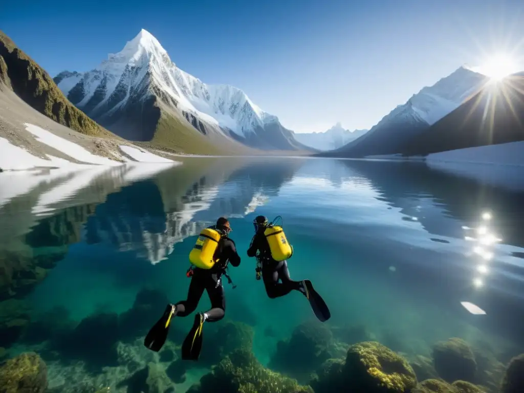 Un grupo de buceadores equipados para buceo de altitud desciende con preparación en un lago de altitud rodeado de montañas nevadas