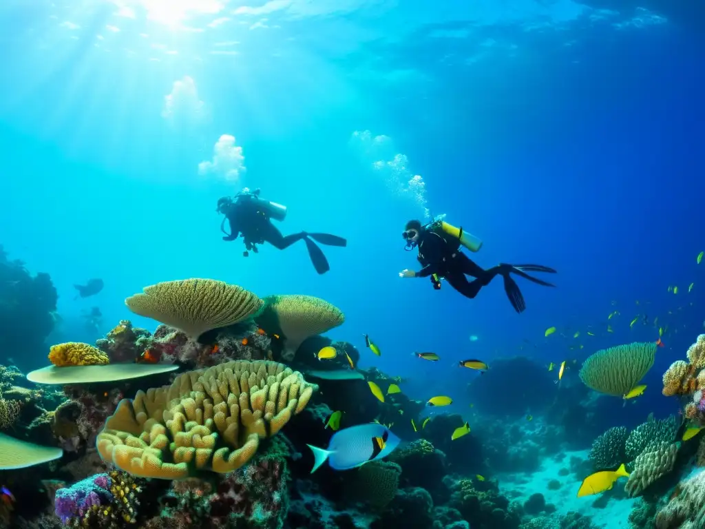 Un grupo de buceadores, equipados con colorido equipo de buceo, explorando un vibrante arrecife de coral junto a una diversa vida marina