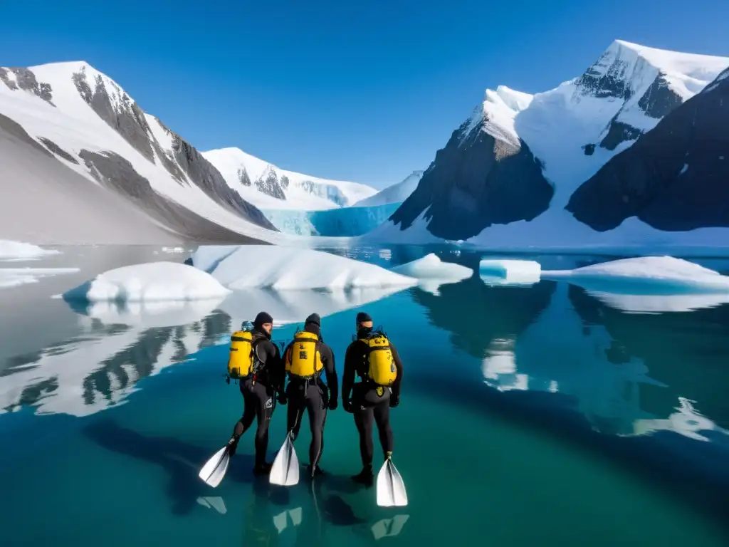 Un grupo de buceadores equipados para expediciones polares exploran aguas heladas bajo montañas nevadas