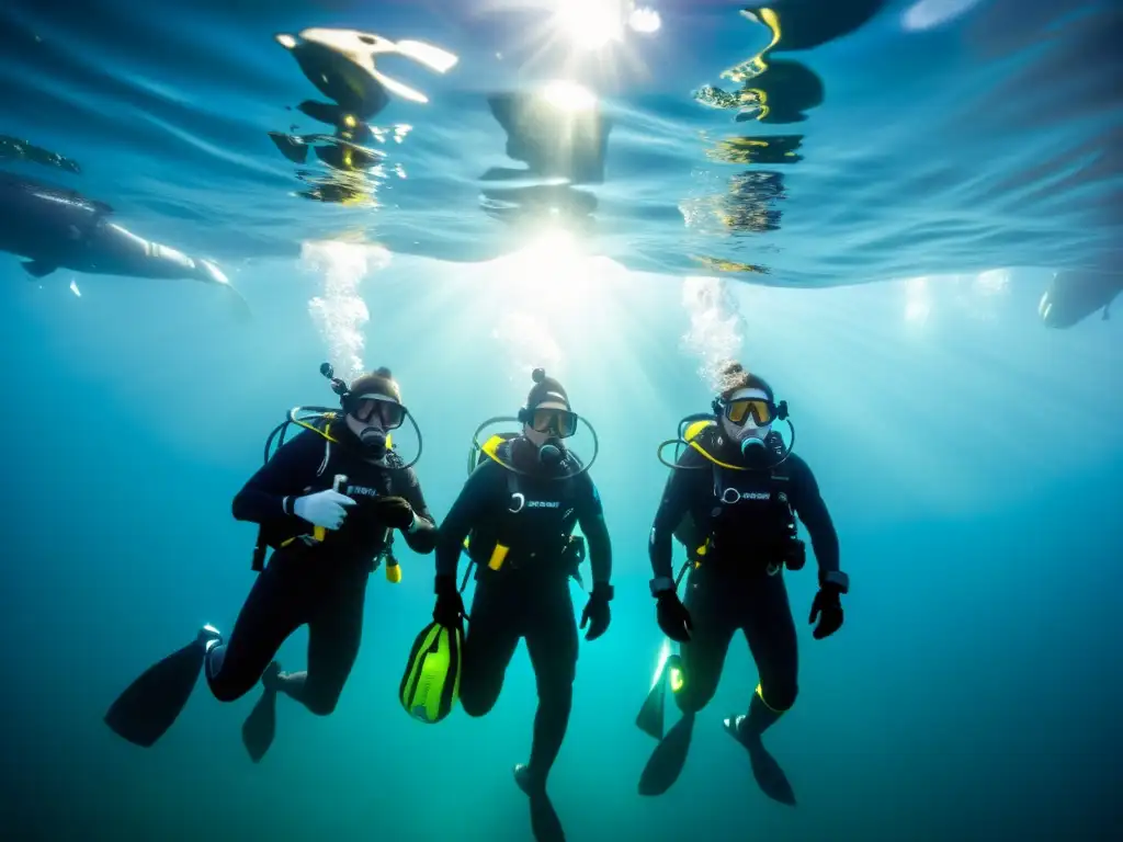 Un grupo de buceadores equipados con trajes de buceo para aguas frías exploran un paisaje submarino helado, iluminados por suaves rayos de sol