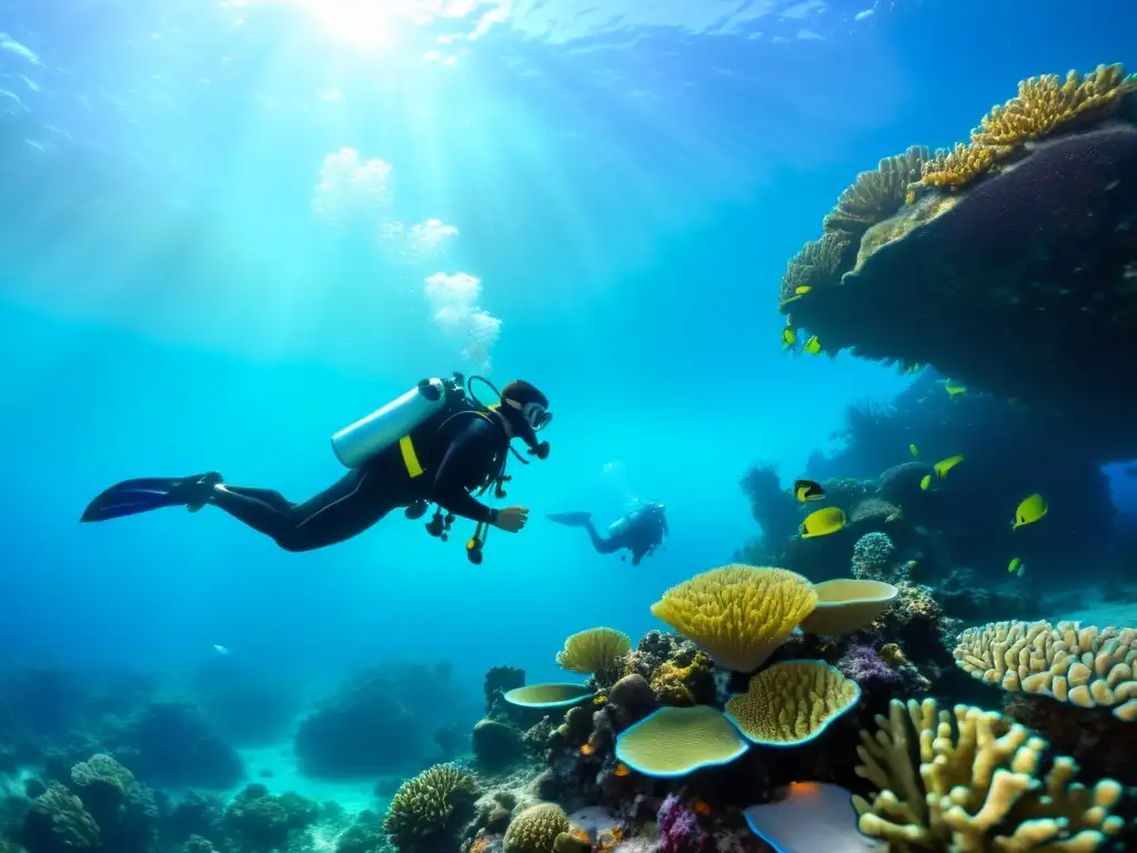 Grupo de buceadores con equipamiento de entrenamiento, explorando un arrecife de coral vibrante y lleno de vida marina bajo el agua cristalina