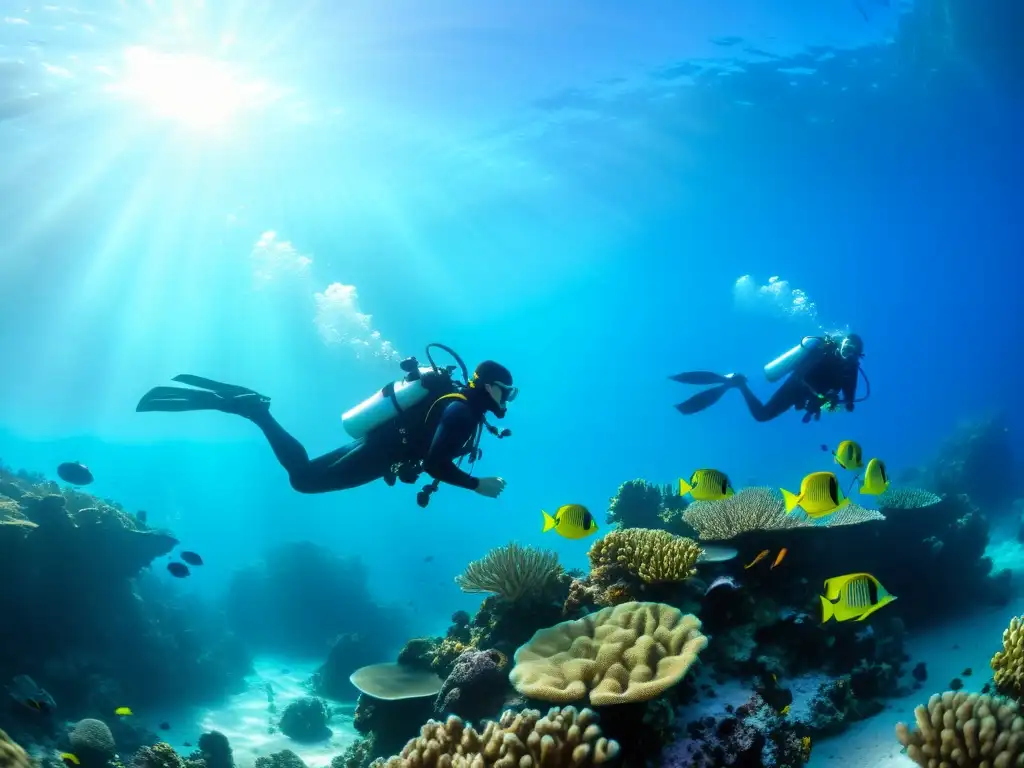 Un grupo de buceadores con equipo adaptado explora un arrecife de coral, rodeados de peces y formaciones de coral