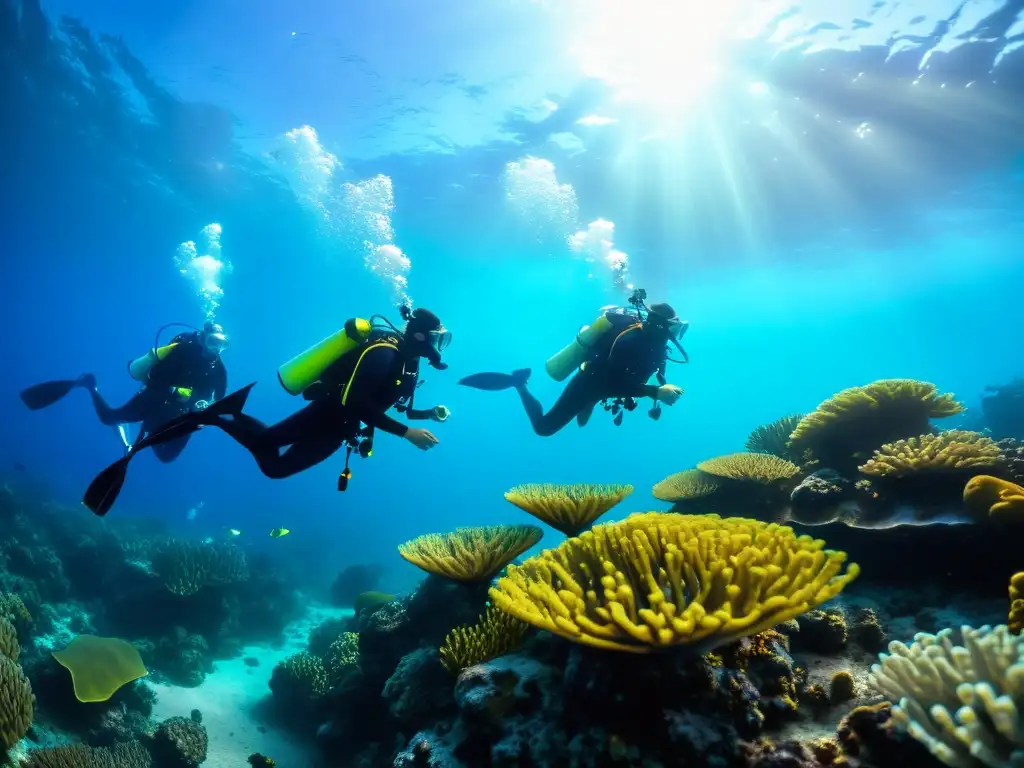 Un grupo de buceadores con Equipos de Comunicación Subacuática Avanzados explora un vibrante arrecife de coral lleno de vida marina colorida