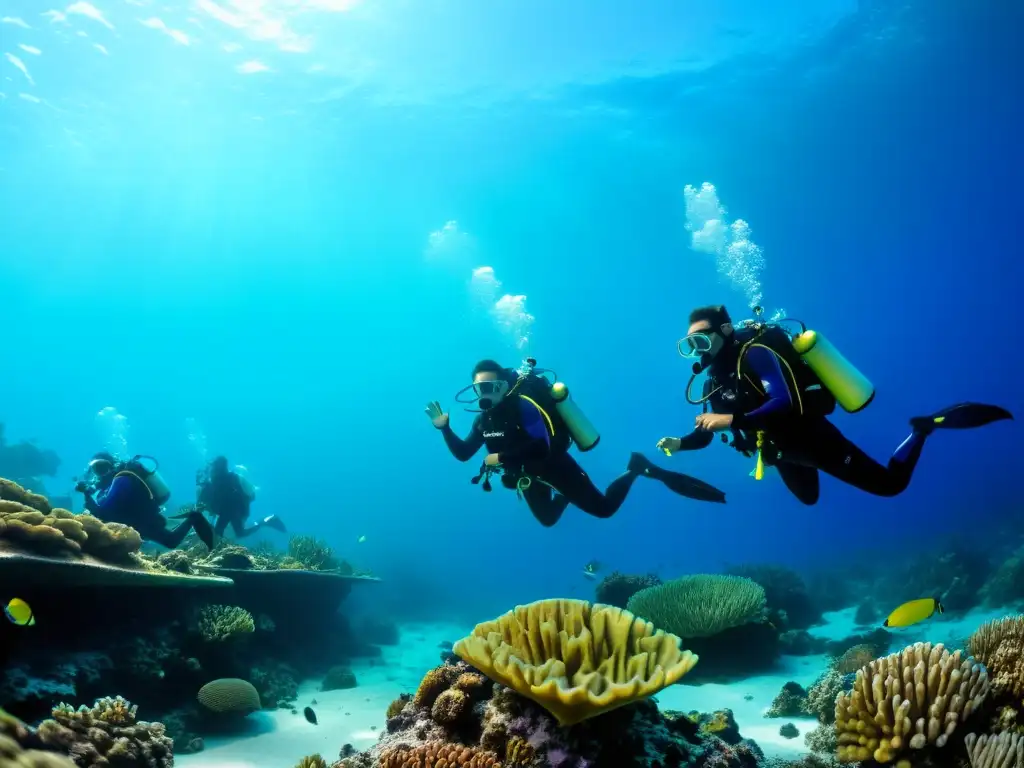 Grupo de buceadores con equipos de comunicación subacuática avanzados explorando un vibrante arrecife de coral