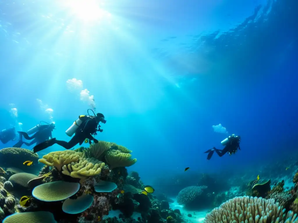 Un grupo de buceadores experimentados explorando un arrecife de coral vibrante