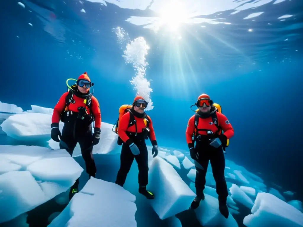 Grupo de buceadores experimentados explorando con determinación un glaciar ártico remoto en un curso de buceo hielo extremo