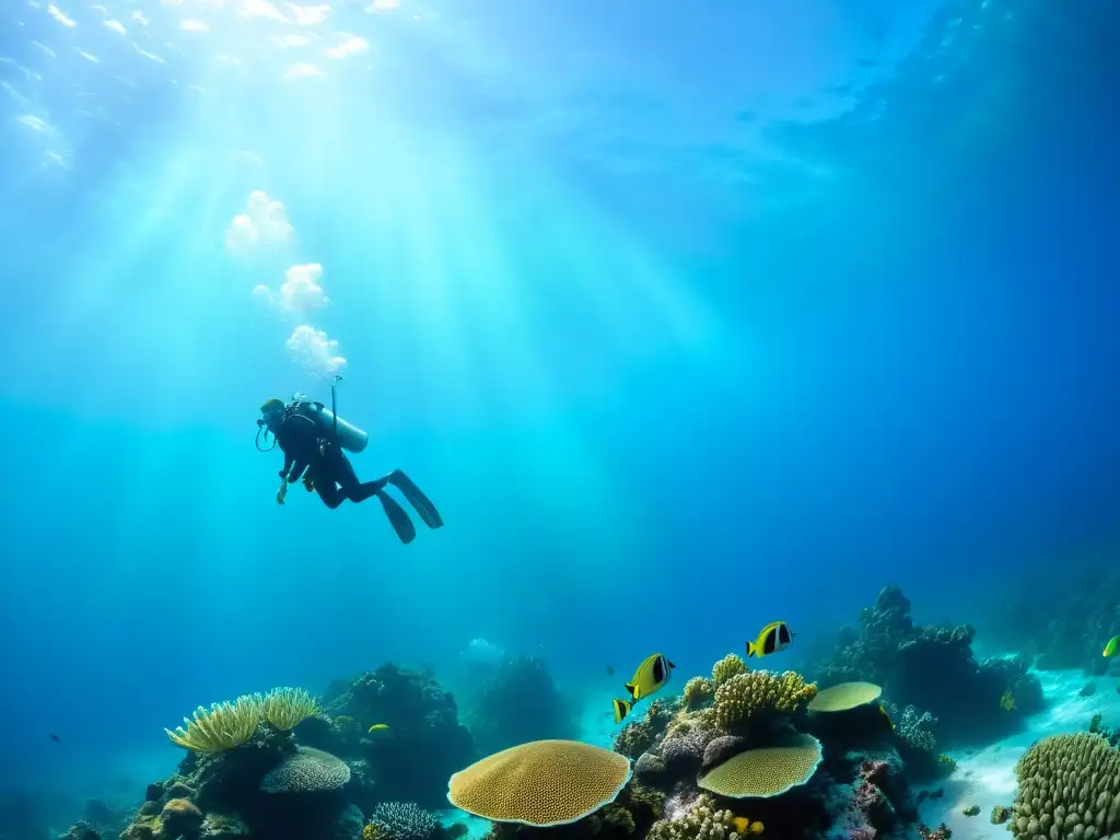 Un grupo de buceadores experimentados desciende graciosamente hacia el fondo marino, rodeados de corales coloridos, vida marina y una tortuga majestuosa