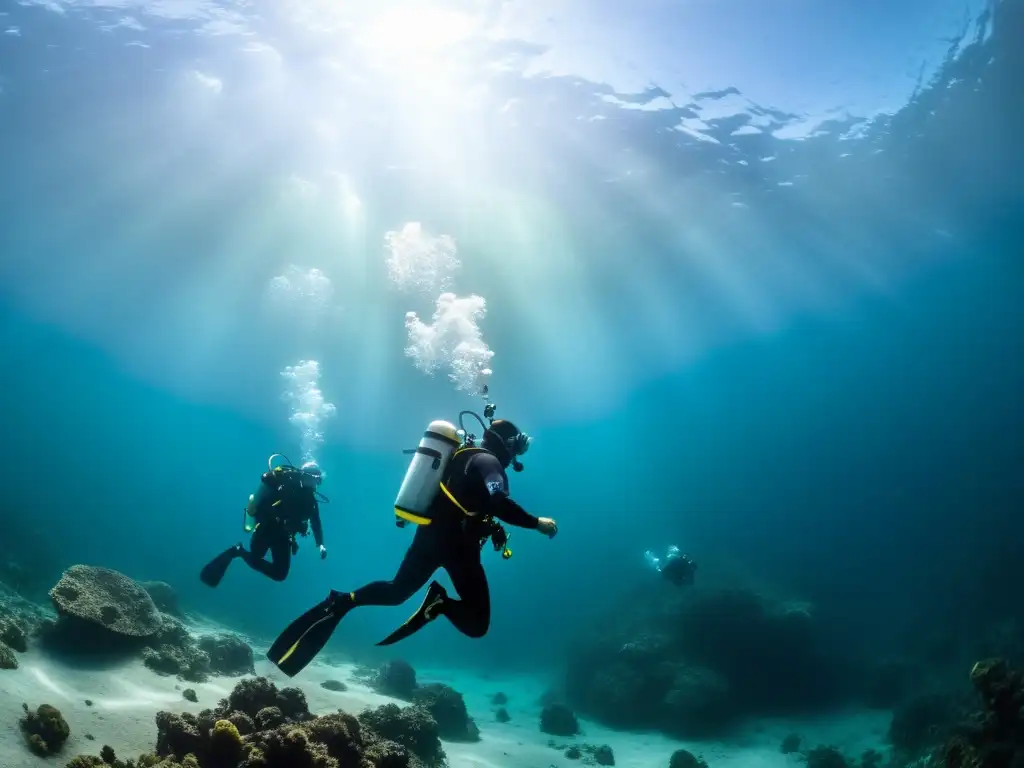 Grupo de buceadores experimentados descienden en un paisaje submarino, mostrando preparación física para buceo profundo