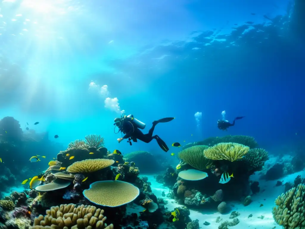 Un grupo de buceadores experimentados explora un vibrante arrecife de coral