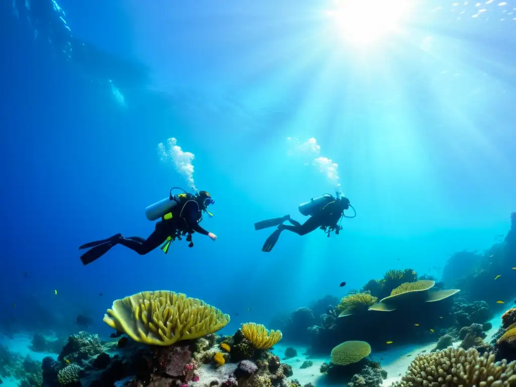 Un grupo de buceadores expertos exploran tranquilamente arrecifes de coral y vida marina colorida en aguas cristalinas