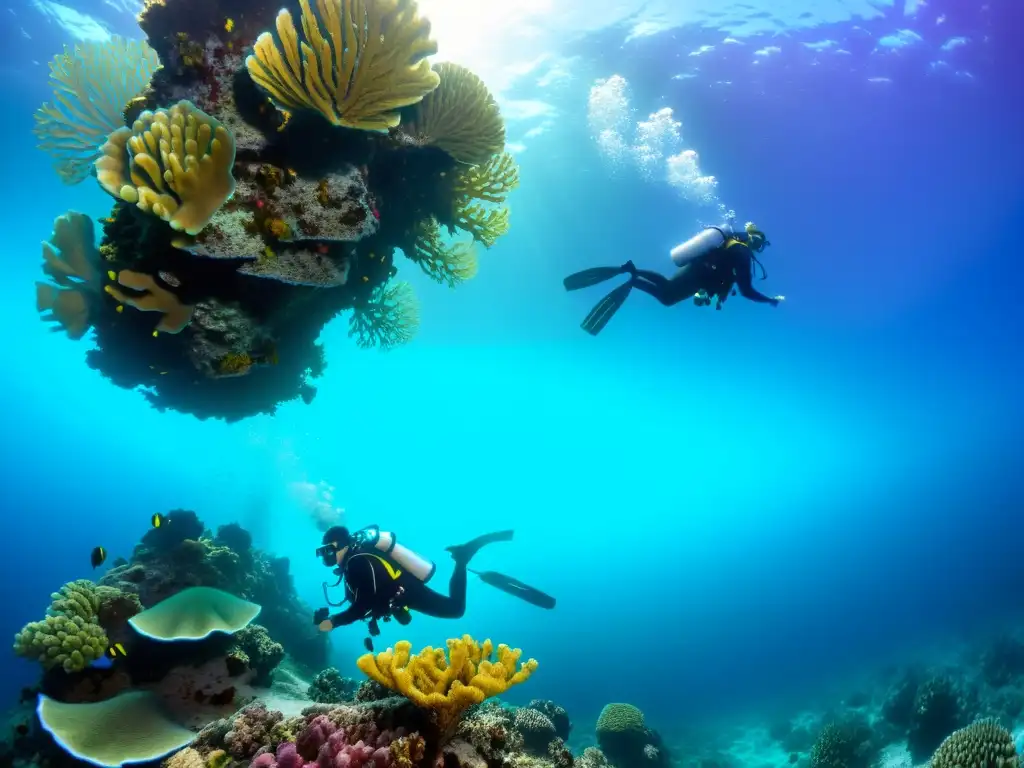 Grupo de buceadores con preparación física alto rendimiento explorando un arrecife de coral vibrante en aguas cristalinas