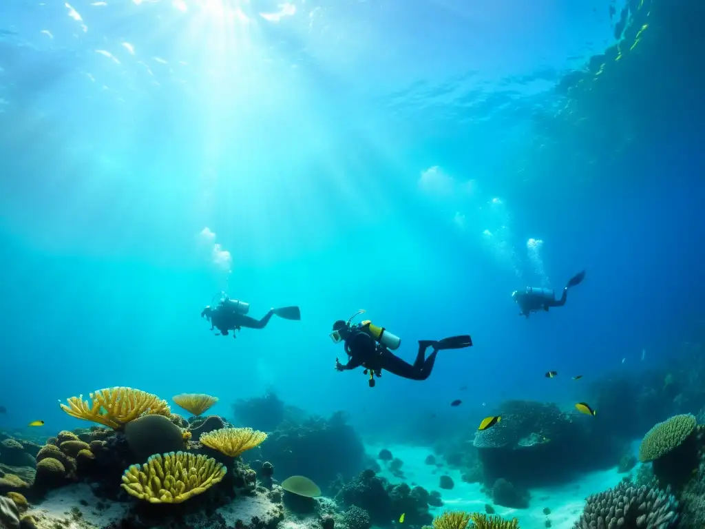 Un grupo de buceadores con gafas de realidad aumentada explora un arrecife de coral vibrante lleno de vida marina