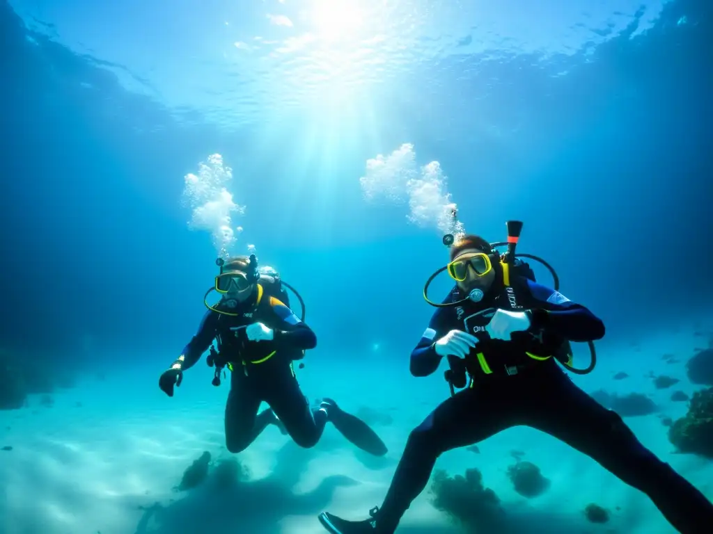 Grupo de buceadores explorando el gélido mundo submarino, iluminados por sus linternas en un emocionante curso de buceo hielo extremo