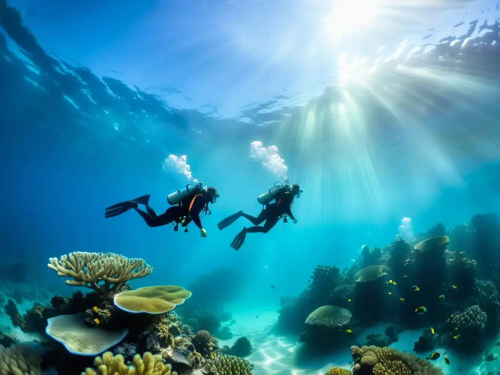 Un grupo de buceadores navega con gracia en aguas oceánicas cristalinas, rodeados de un vibrante arrecife de coral