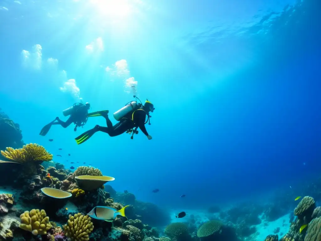 Un grupo de buceadores flotando con gracia entre aguas cristalinas, rodeados de arrecifes de coral y vida marina