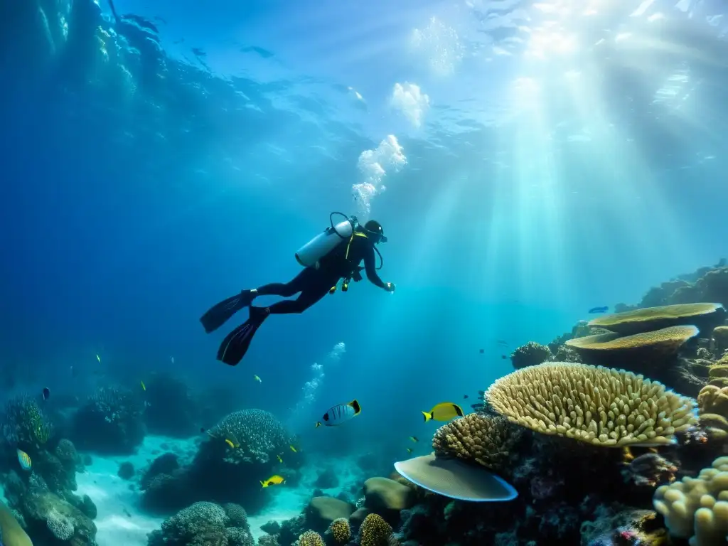 Un grupo de buceadores desciende con gracia entre arrecifes de coral, rodeados de vida marina colorida