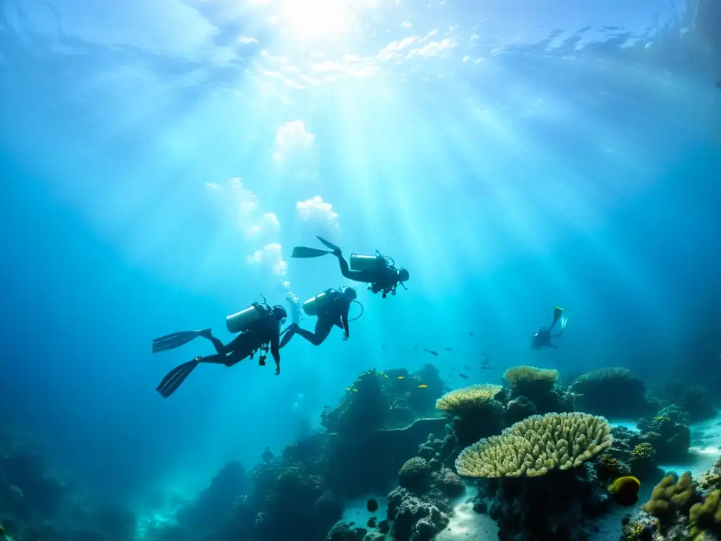 Un grupo de buceadores desciende con gracia en un vibrante arrecife de coral, iluminado por los rayos de sol